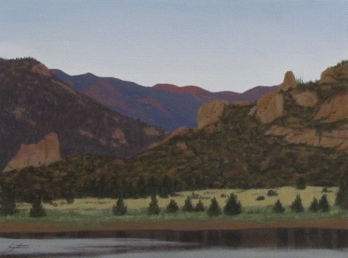 Cheyenne Cañon SunriseAcrylic on canvas 6x8".Charles Morgenstern, 2022.The sun rises on Cheyenn