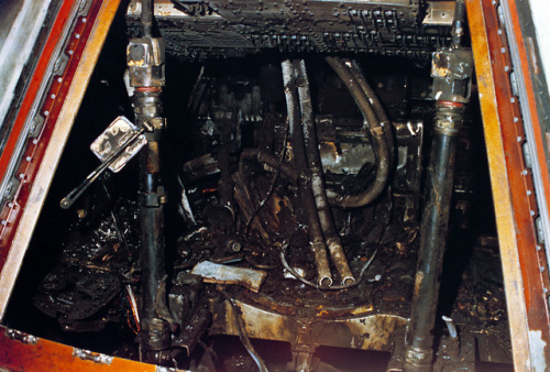 Close-up view of the interior of Apollo Spacecraft 012 Command Module at Pad 34 showing the effects 