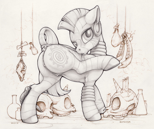 Zecora… i thought this looked really neat as-is, with the sepia ink alongside graphite (fff i love mixing them) anyway, so i shared it. I’m working on this now, adding colour and all that… on ze livestream in case anyone is bored!