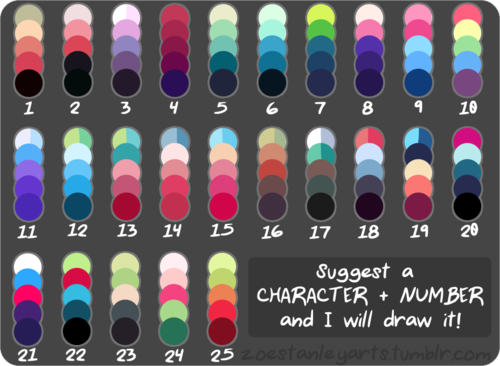 I want to try this. Send an ask! -Single characters only. -Does not have to be MLP. -If you want to give it a shot, OCs will be considered if they spark inspiration. (please use submit button to send a clear ref and the color pallet number.) -If you would