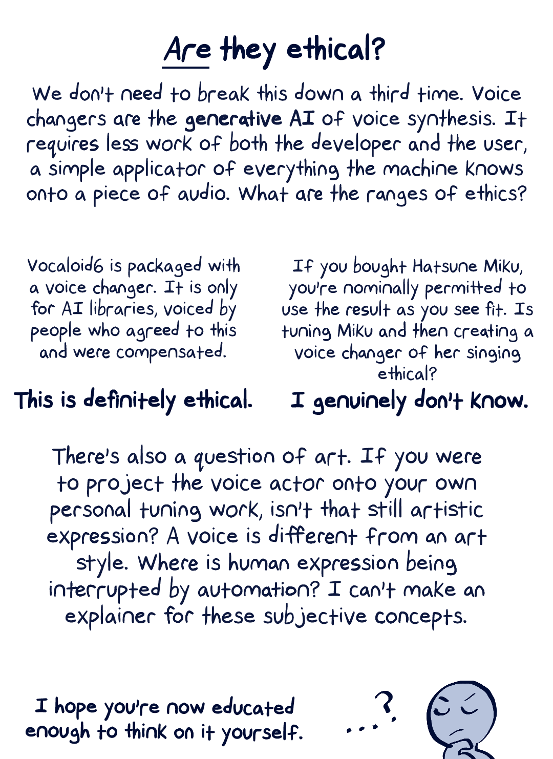 Section: ARE they ethical? We don't need to break this down a third time. Voice changers are the generative AI of voice synthesis. It requires a lot less work of both the developer and the user, a simple applicator of everything the machine knows onto a piece of audio. What are the ranges of ethics? Vocaloid 6 is packaged with a voice changer. It is only for AI libraries, voiced by people who agreed to this and were compensated. This is definitely ethical. If you bought Hatsune Miku, you're nominally permitted to use the results as you see fit. Is tuning Miku and then creating a voice changer of her singing ethical? I genuinely don't know. There's also a question of art. If you were to project the voice actor onto your own personal tuning work, isn't that still artistic expression? A voice is different from an art style. Where is human expression being interrupted by automation? I can't make an explainer for those subjective concepts. I hope you're now educated enough to think on it yourself. End of image transcription.