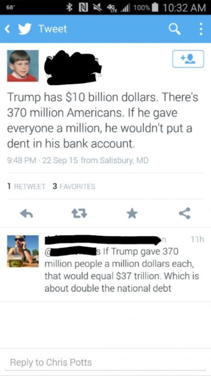 lol  Even if this retard could do basic math… sure… Trumps fortune wouldn’t take much of a dent… your fucking economy would though.  Lmao.  Jesus.  