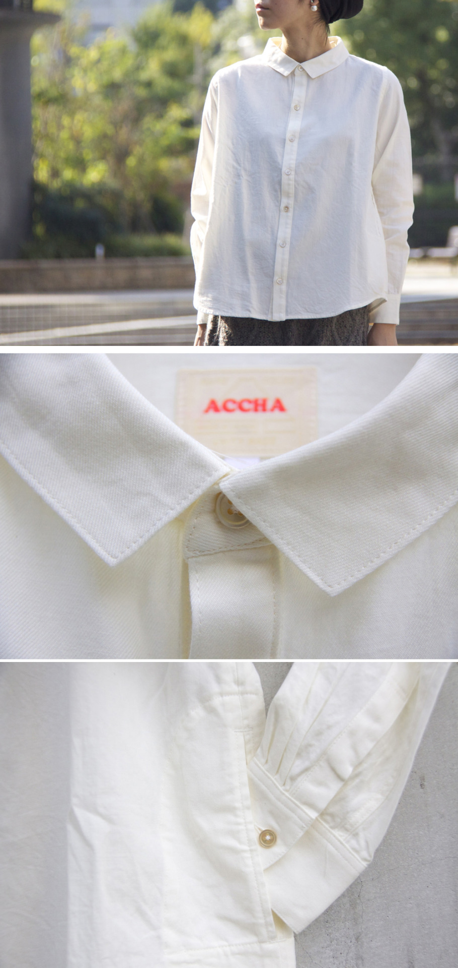 accha :SIDE TUCK SHIRTS
天然パールボタンを仕様し、襟周りも広く、首もとも綺麗な見栄えに。
身頃両サイドのポケットはacchaのお約束クルタポケット。
袖口カフスには3本のタック入りのウール混紡コットンは、ふんわり柔らかで丈夫です。