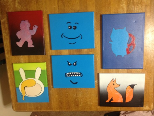 missfreudianslit:  cricketrosethorn:  Spray paint art I made for my partners and friends! @dhlo (Steven!) @missfreudianslit (Fionna of course!) @femmefoxfatale (fox!) The meeseeks went to my other two roommates, and catbug to my partner who provided