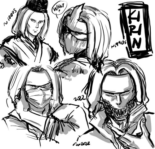 [image: rough sketches of Kirin from Yu Yu Hakusho as 1) a Heian era nobleman or courtier; 2) in the