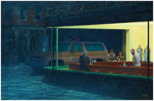 brokehorrorfan:  Casey Callender inserts characters from Stranger Things into Edward Hopper’s 