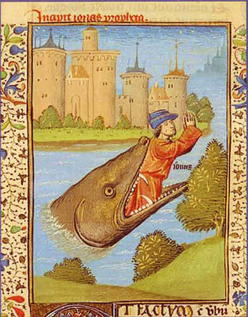 The whale (or, more properly, great fish) regurgitates Jonah.  Miniature from the Bible of Pope John