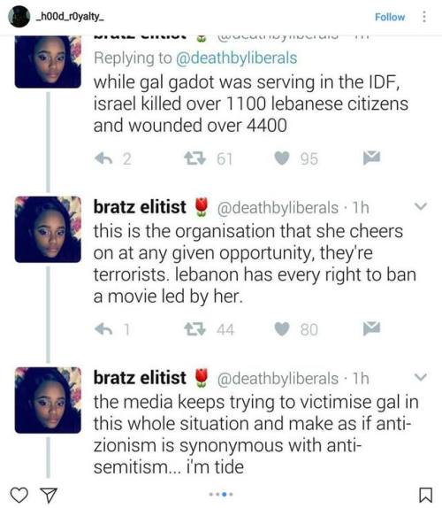 ifuckgod:  wolveria: Also, refusing to serve in the IDF is a thing.  why dont u guys reblog this i seen some of y’all reblog her support your fave 