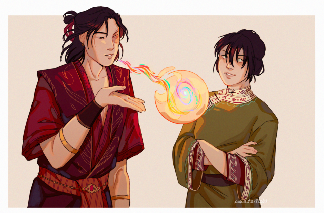 digital drawing of toph and zuko, drawn from the waist up. zuko is blowing colorful fire inside a ball of glass while toph looks at him with her arms crossed