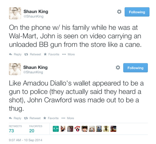 trilobiter:  poldberg:  While there is a lot of appropriate rage about Ferguson right now, the killing of John Crawford, III is getting less attention than it deserves. I put Shaun King’s tweets and history lesson on the matter in chronological order