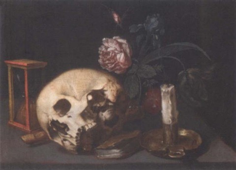 A vanitas still life with a skull, an hourglass, a recorder, a candle and candlestick and mixed flow