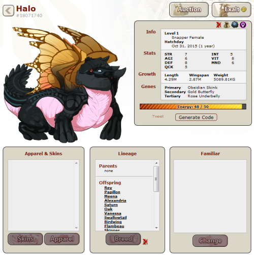Selling Halo! She is a gen one triple gened snapper with lore.CR me, Kaial, for 1.2kG to get both he