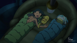 th3dm0n:  Ash Ketchum &amp; Clemont - Sleeping in the Tent 3   Original Artworks (Screenshot) are from the Pokemon X&amp;Y Anime Series, Episode “Eievui wa Hitomishiri!? Ohanabatake de Tsukamaete!!”, edited by dm0n.© Names &amp; Characters are Copyrighted