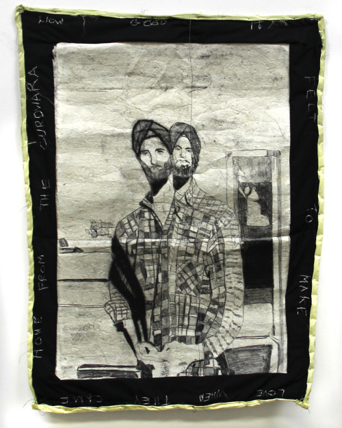 How good it felt to make love when they came home from the gurdwara
handmade paper, sewn with block patterned bordered fabric, batted, basted, binded into a quilt, embroidered silk text
29 x 39 inches
2021