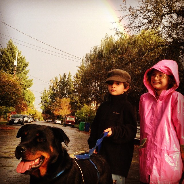 The end of the #rainbow in #Pdx is behind the trees behind the #huntresskids behind the Rottweiler. Balancing the lighting for all of these elements is, I flatly declare, #impossible.