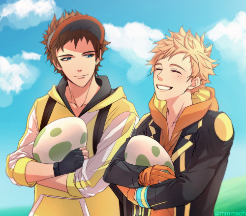 mmmaoh: 08.08.2016 - Today I drew Team Instinct trainer and Spark having a date walking their Pokemo