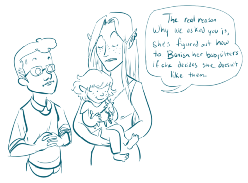 tazdelightful: [Comic transcript: Lup, an elf woman, is holding Lena, a half-elf toddler. Lena is ho