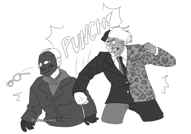 Harvey Dent is punching the Batman 2022 version of the Riddler. Riddler's glasses are flying off his face. There is a sound effect text that reads "PUNCH!" The image is in black and white grey scale on a white background.