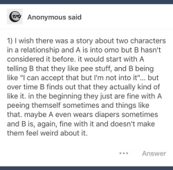 Aww just 2 people experiencing in an omo adventure! I like it!! I’d read it!!   “T-this is just for you ..it’s not really my thing.. b-but for you I’ll do it…” *pees pants and enjoys it* n///n