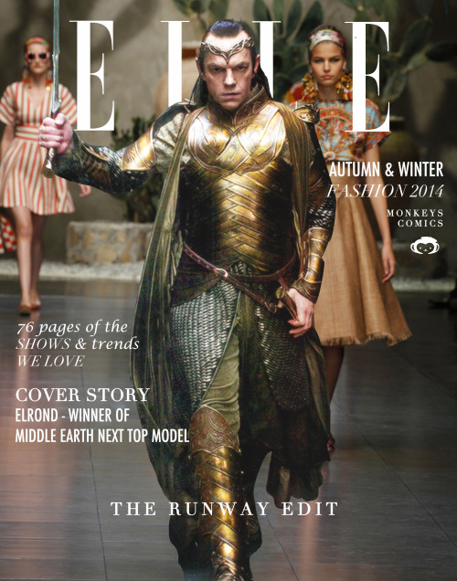 lieutenant-mairon:monkeyscomics:Elrond on ELLE magazine cover, the runway issue!!!! He won the Middl