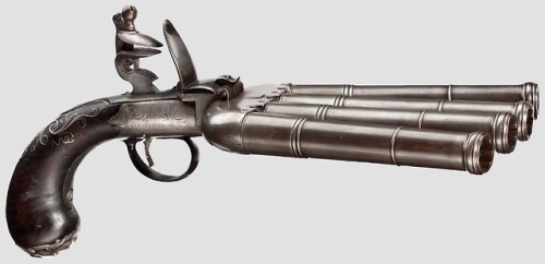 Four barreled flintlock pistol crafted by T. Richards of Birmingham, England, circa 1800.from Herman