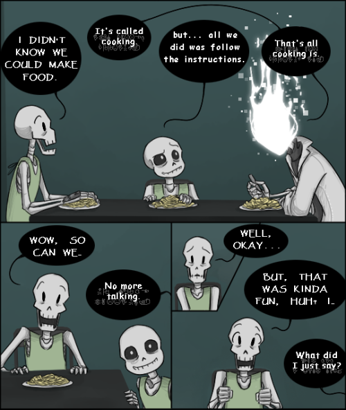 angelia-dark: zarla-s:  [Previous] A strange, awkward dinner for all involved. Gaster’s nightmare is symbolic, as you can probably guess. Dust is a recurring theme for him for various reasons. When you’re tired and hungry and freaked out, you’ve