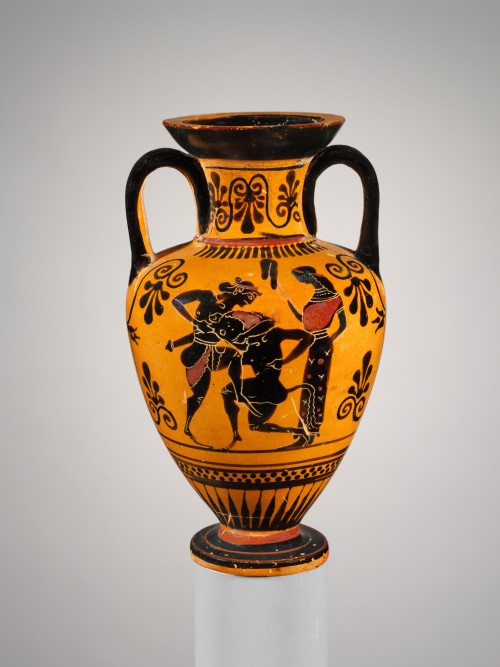 Black-figure neck-amphora with Heracles battling an Amazon (left) and Theseus and the Minotaur with 