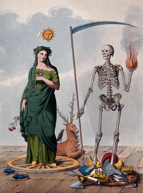 disease:  TWO ALLEGORICAL FIGURES: A SKELETON HOLDING A SCYTHE AND A BALL OF FIRE STANDS NEXT TO A FEMALE FIGURE // N.D.[lithograph, with watercolour | 21.5 x 16.4 cm.]