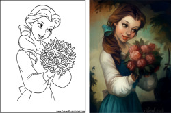 thegirlwithchocolateshoes:  Coloring coloring books into a whole new level. Art on the right by: http://loish.deviantart.com/Coloring book pages belong to Disney. 