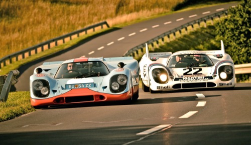 Side by side. Two Porsche 917K Le Mans. One with an epic Gulf paint job.