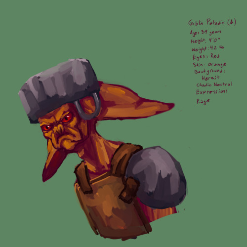 Day 23: Goblin Paladin (M) Age: 39 years Height: 4'0" Weight: 42 lbs Eyes: Red Skin: Orange Bac