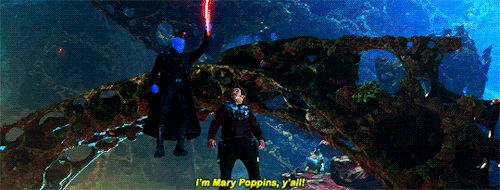 emmaduerrewatson:  “When I was visualizing the scene, it didn’t look quite as heroic as I intended it to be. So then I put the Poppins line in Peter Quill’s mouth. And Yondu, of course, not knowing the name Mary or Poppins, might think he’s sort