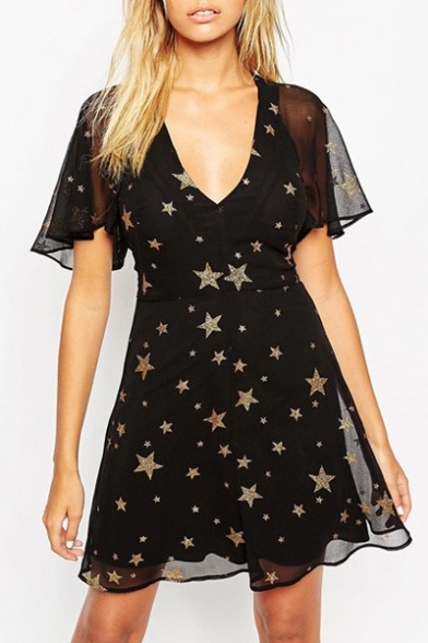 septbouquetmika:  Star Print Mini Short Sleeve Dress Maxi Sleeveless Dress Maxi Short