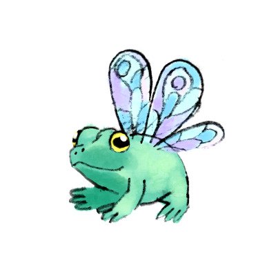 A drawing of a frog with bug wings