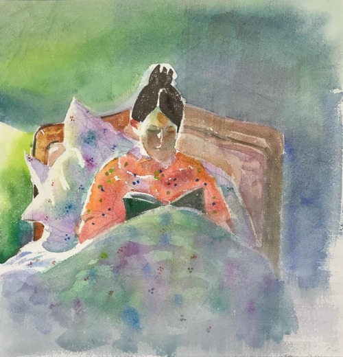 books0977: Woman Reading in Bed. Helen Adams (American, 1917-1997). Watercolor on paper. Adams 