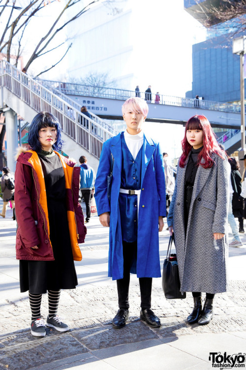 19-year-old Japanese students Aoi, Bunta, and Saya on the street in Harajuku wearing winter looks wi