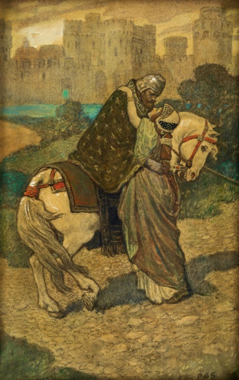 Arthurian Scene.c.1920.Mixed media with colored pencil, watercolor, and wash on board.33 x 21.6 cm. 