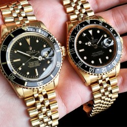 bobs-watches:  A Couple Yellow Gold Vintage Rolex Watches: 1680 Sub and 16758 GMT with Jubilee bracelets.http://www.bobswatches.com