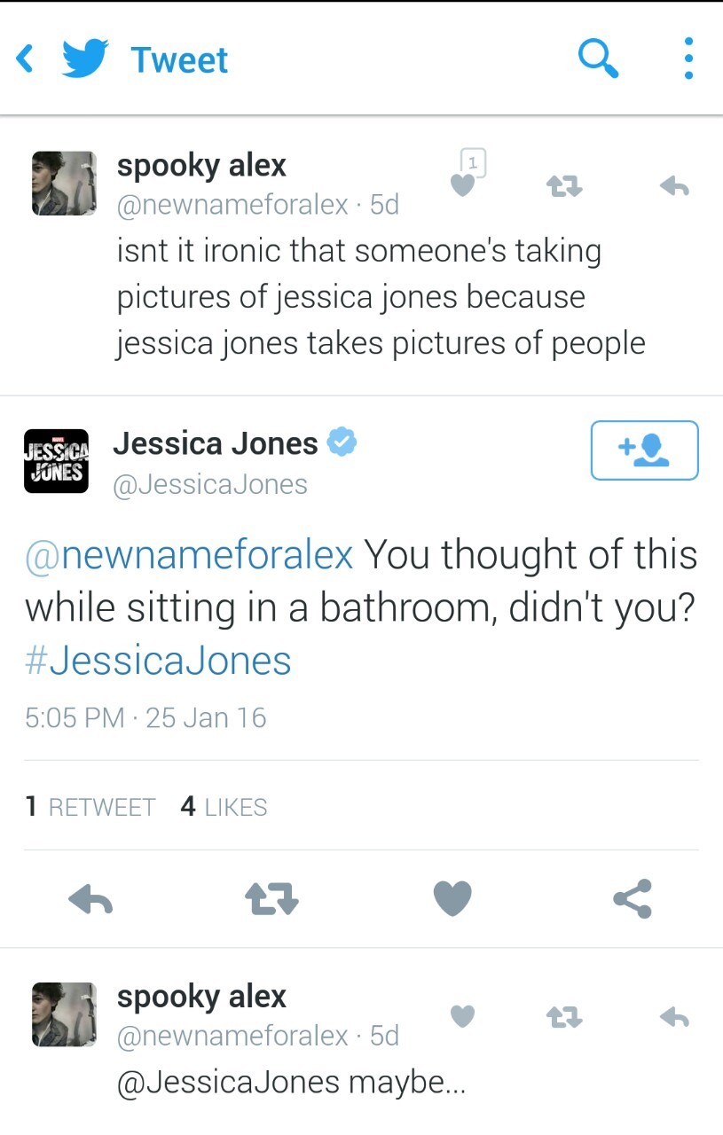 bethanyactually:  jessicajones:piccolina-mina:Whomever runs the Jessica Jones twitter