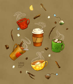 eatsleepdraw:  Fall Drinks by Sarahwrightart I love the coziness of fall and winter drinks. Apple cider, spiced lattes and more. (s6) (Instagram)