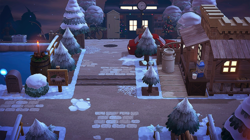 So I’ve winter-fied the entrance and switched nooks wheat field for a christmas tree farm &