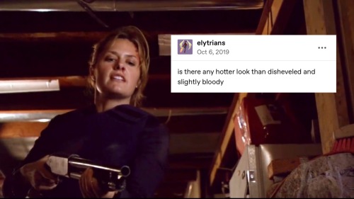jules, holding a gun and standing over ashley (third yin/yang episode); tumblr post by elytrians: is there any hotter look than disheveled and slightly bloody
