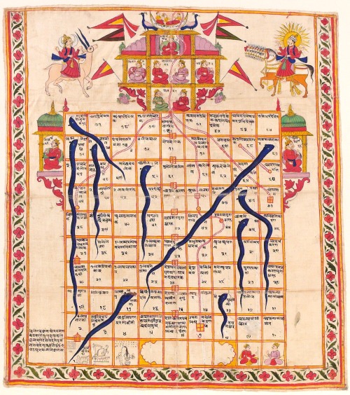 cup-of-meat:Game of Snakes & Ladders, gouache on cloth, India, early 19th century.