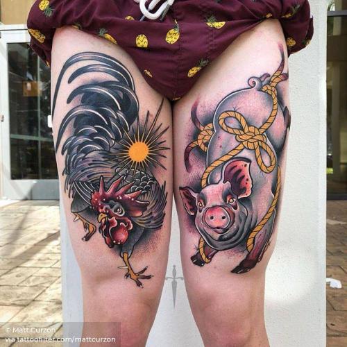 By Matt Curzon, done in Melbourne. http://ttoo.co/p/35626 animal;big;bird;facebook;good luck;mattcurzon;neotraditional;other;pig;rooster;thigh;twitter