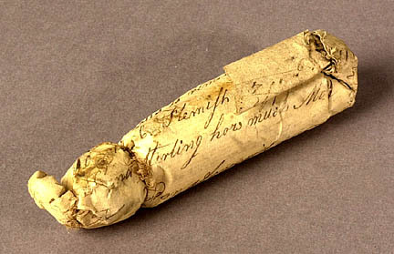 Original Revolutionary War Era paper musket cartridge.  Currently on display at the Valley Forge Nat