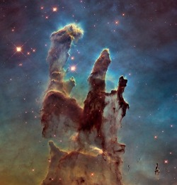 asylum-art:  This New, High-Def View of the Eagle Nebula Is Awe-Inspiring Pillars of Creation”To celebrate 25 years of space-based telescope images, the Hubble telescope has taken a new, high-def version of its famous 1995 photograph of the Eagle Nebula’s
