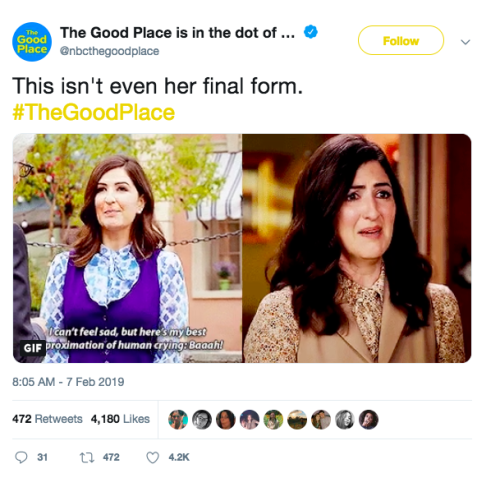 OMG! The official twitter account of @nbcthegoodplace tweeted out my gif (x)!&nb