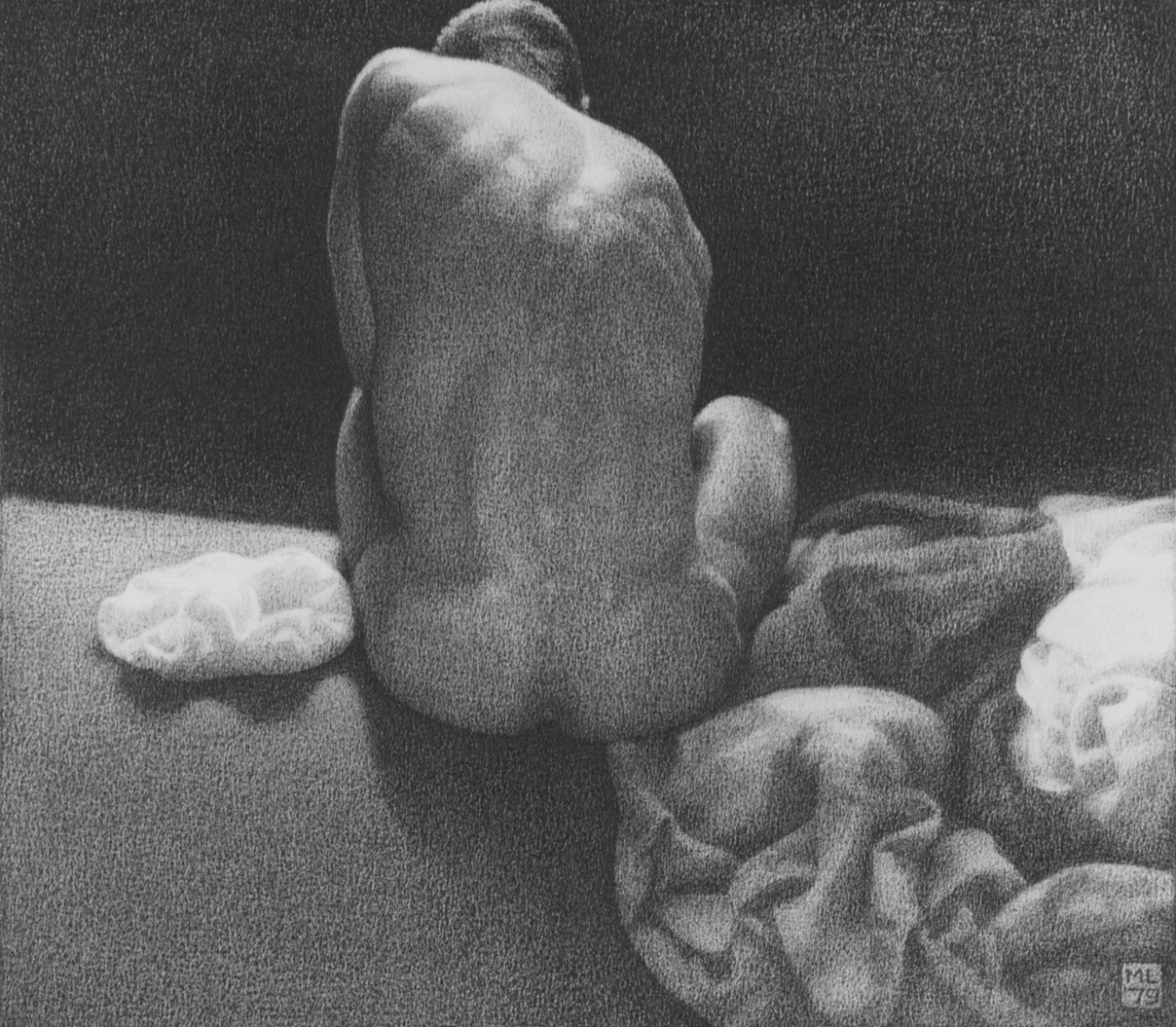   Michael Leonard (British, b. 1933), Hunched Figure, 1979. Pencil on paper, 15 x
