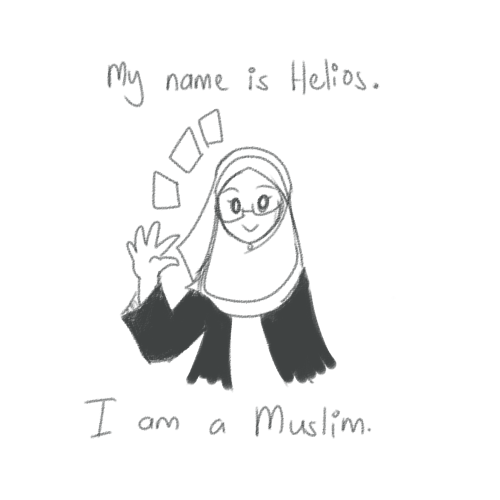 heliosdraws:  I haven’t seen a lot of posts that shed some positivity for non-binary Muslims who wear the hijab – I personally sometimes feel it’s frustrating that people see hijabi non-binary people as “female” just because the hijab is an