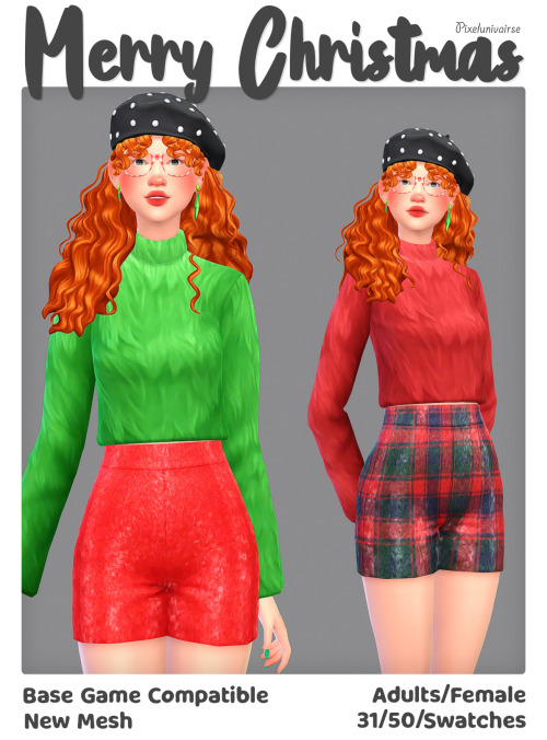 pixelunivairse:

🎄Happy Holiday 🎄A small gift for you, 

It is a top (50s) and a short(31s),hope you will like it. Download : SFS / Dropbox .

Enjoy!!!Please let me know if you encounter any problems with my cc. #clothing#tops#pants